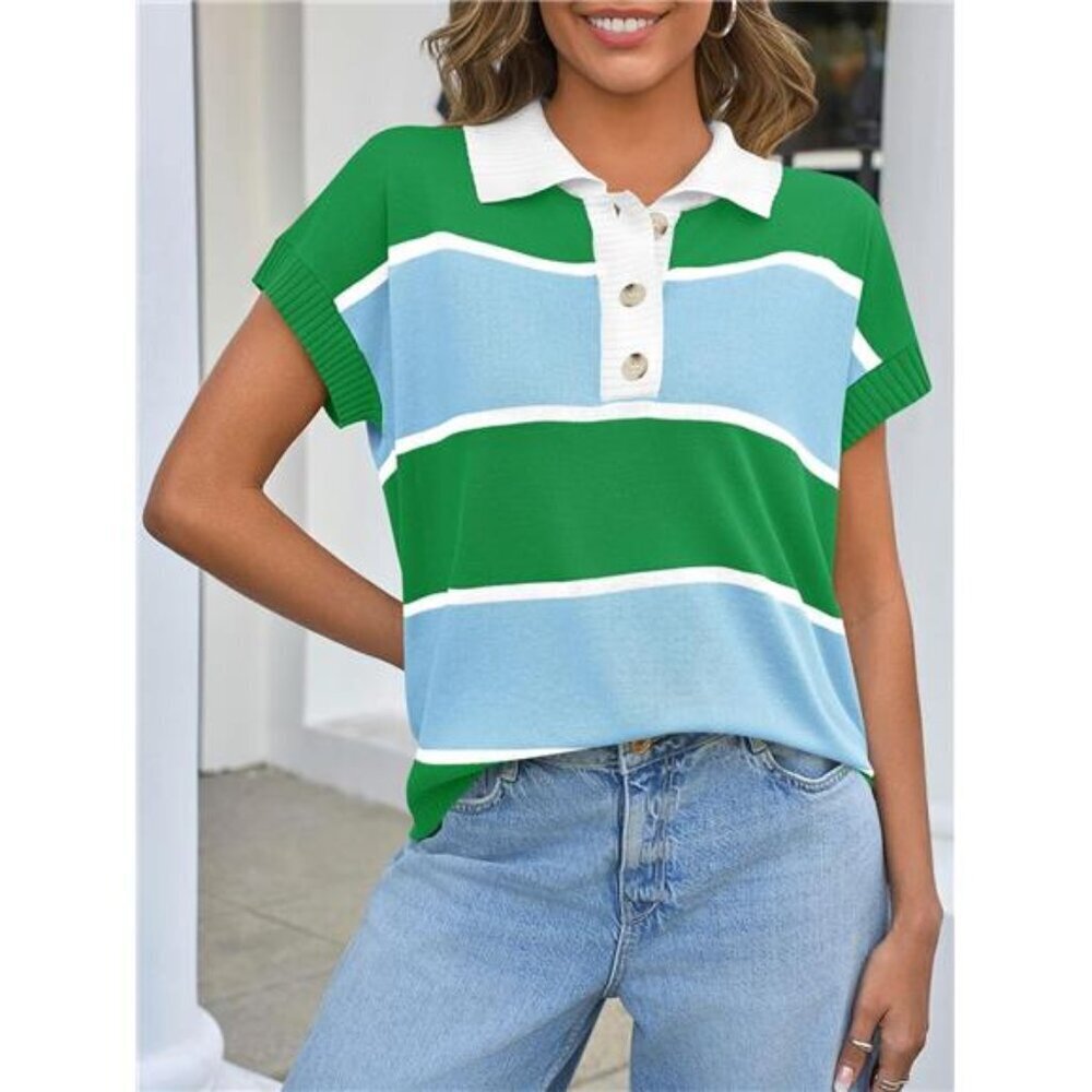Striped V-Neck Button Sweater for Women Short Sleeve
